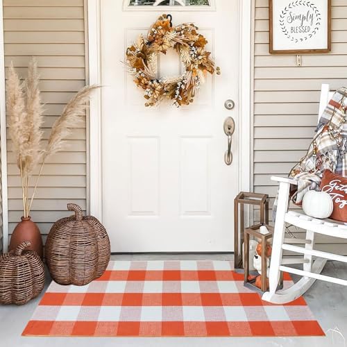 Buffalo Plaid Outdoor Rugs, 2'x4'3'' Orange and White Checkered Indoor/Outdoor Area Rug, Layering Rug for Hello/Welcome Door Mat, Washable Cotton Woven Farmhouse Mat for Fall Front Porch Décor - Image 5