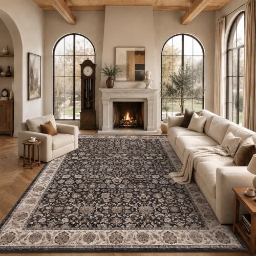 Washable 9x12 Living Room Soft Area Rug Charcoal Beige Large Carpet - Image 3