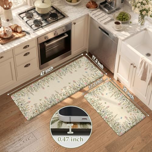 KIMODE Kitchen Mats Cushioned Anti Fatigue 17"x47"+17"x29", Farmhouse Kitchen Mats for Floor 2 Piece, Padded Kitchen Floor Mats Non Slip, Cream Wildflower Standing Mat for Laundry Bath Sink Office - Image 2