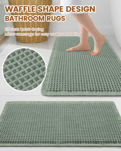 Smiry Waffle Bath Mat 30X20, Extra Soft Absorbent Bathroom Rugs, Sage Green - Image 2