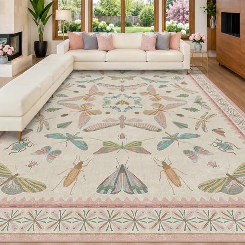 Hazo Haus 9x12 Pink Area Rug for Girls Bedroom, Washable Living Room & Dining Room Rug with Pastel Flower Insect Print, Whimsical Décor Carpet - Image 3