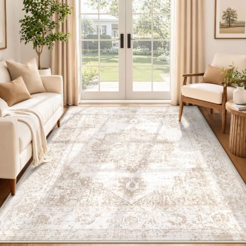 Area Rug 5x7 Vintage Rug: Washable Indoor Medallion Rugs Low Pile Distressed Floor Carpet Retro Accent Rug for Living Room Bedroom Kitchen Dining Table Home Office(Beige, 5'x7') by ZomfyRugs