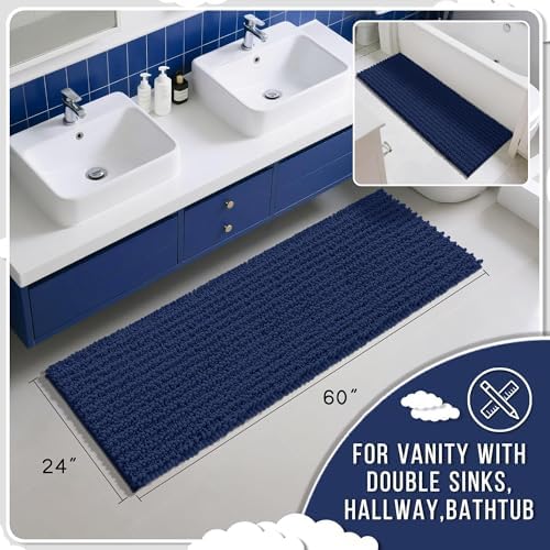 Yimobra Bathroom Runner Rug 60x24 Inch - Extra Long Non Slip Chenille Bath Mat, Soft & Absorbent, Machine Washable Shaggy Hallway Carpet for Vanity Tub Shower, Navy Blue Home Decor Accessories - Image 2