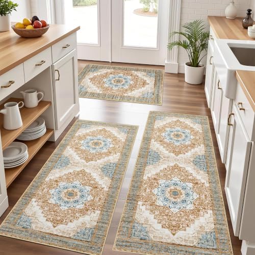 Kitchen Rugs Sets of 3 100% Non Slip Washable Kitchen Mats for Floor, Tan by Tritard