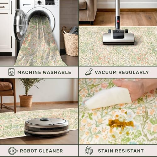 Light Green Bedroom Rug, 7x10 Washable Area Rug Non-Slip for Living Room, Nursery, Kids Room, Dining Room, Vintage Beige Botanical Low Pile Soft Carpet Fade Resistance - Image 4