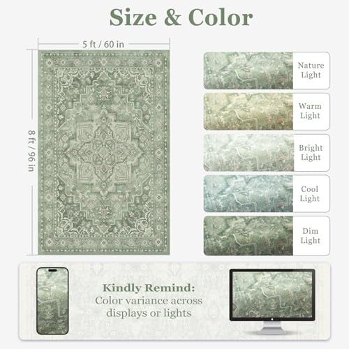 Soft Sage Green 5x8 Area Rugs for Living Room, Cozy Cottagecore Dining Room Rug Washable Non Slip, Modern Vintage Medallion Low Pile Thin Carpet Rugs for Den/Bedroom/Foyer/Home Office - Image 2