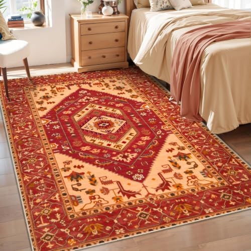 SERISSA 3x5 Washable Non Slip Boho Area Rug for Bedroom，Red by SERISSAHomeDecorCollection