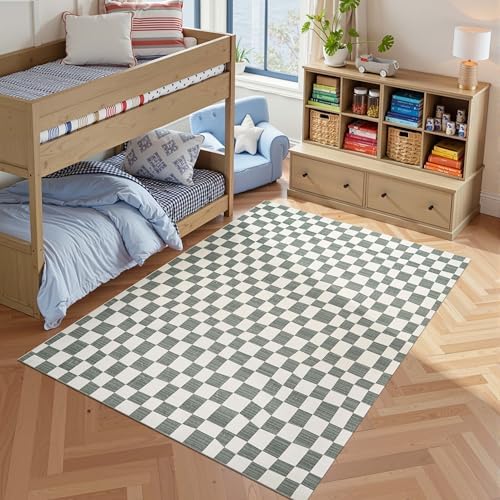 jinchan 5x7 Area Rug Washable Modern Checkered Rug for Kids Room, Grey - Image 3