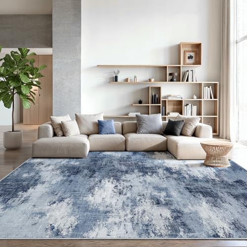Amada Washable 10'x14' Abstract Area Rug for Living Room Dark Blue by AMADAHOMEFURNISHING