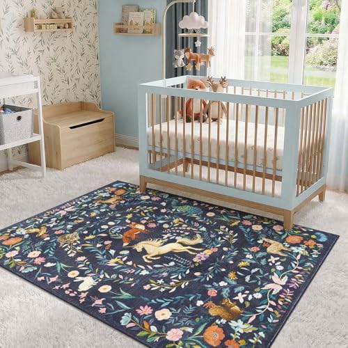 jinchan 5x7 Kids Rug Washable Nursery Rug Cute Whimsical Unicorn, Navy Blue - Image 5
