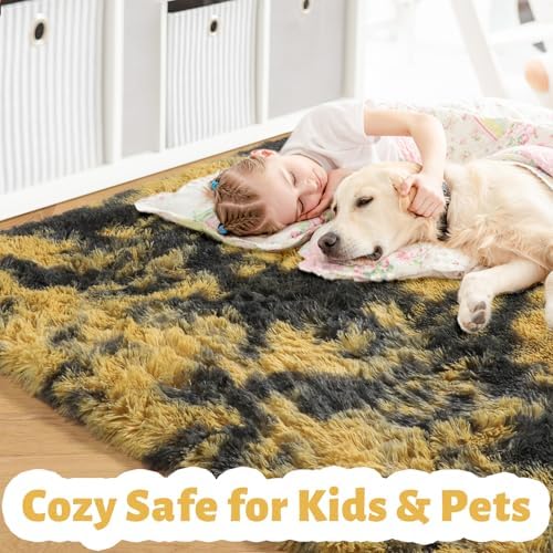 Amdrebio Black Gold Grey Fluffy Area Rug 5x7 for Bedroom Living Room Dorm - Image 4