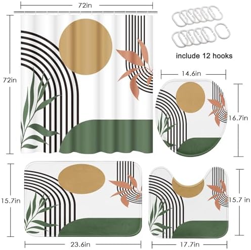 Bathroom Sets with Shower Curtain and Rugs, Set of 4, Boho Green - Image 2