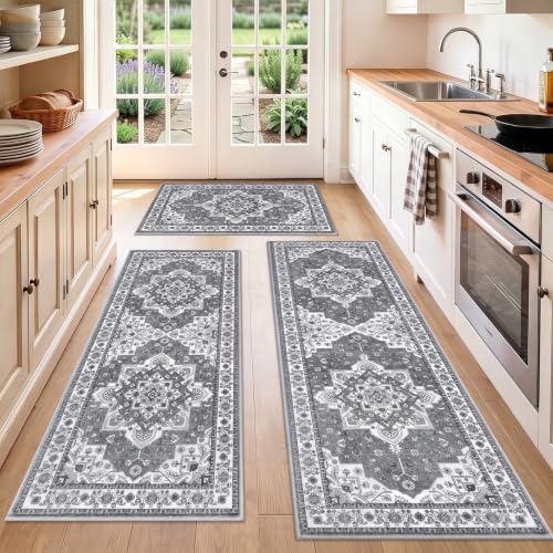 HEBE Boho Kitchen Rugs Set of 3, Non Slip Washable Kitchen Mats for Floor by HEBE