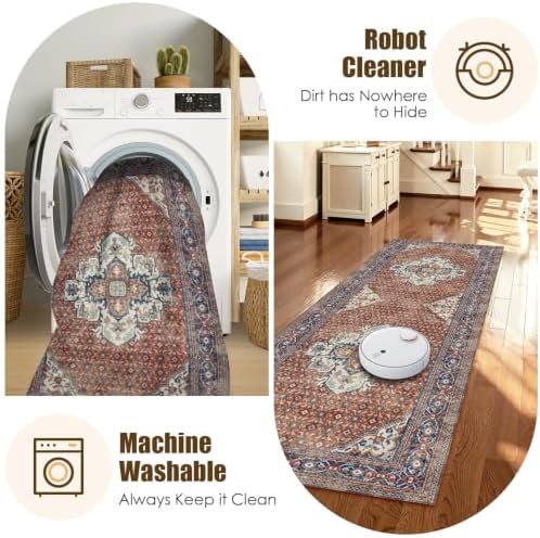 Washable Area Rug 2'6'' x 8' Vintage Traditional Persian Mat - Foldable Distressed Non-Slip Machine Washable Carpet for Living Room Bedroom Kitchen Home Decor - Terracotta and Navy - Image 7