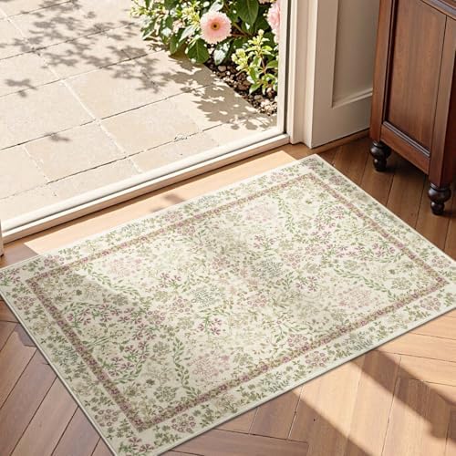 jinchan 2x3 Washable Entryway Area Rug, Floral Non-Slip, Pastoral Green by JINCHAN