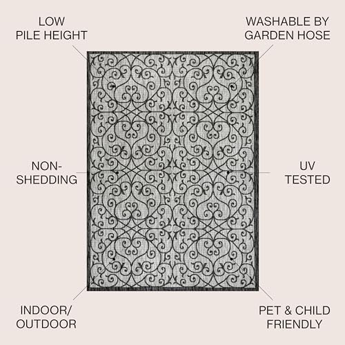 JONATHAN Y Vintage Filigree Indoor Outdoor Square Area Rug 5X5 Light Gray/Black, Madrid Textured Weave for Backyard, Patio, Porch, Easy-Cleaning, High Traffic, Pet-Friendly, Non-Shedding SMB107E-5SQ - Image 2