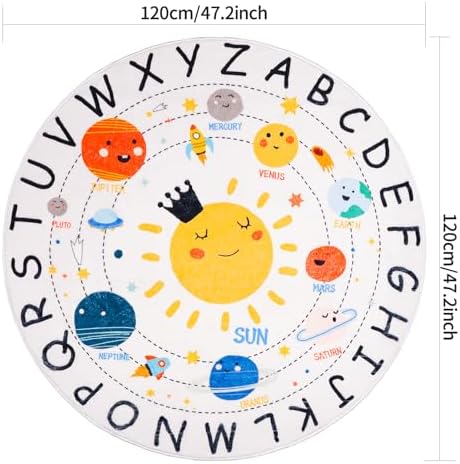 Round ABC Space Kids Rugs,4 ft Non-Slip Solar System Alphabet Rugs, Washable Rug, Soft Plush Educational Circle Rug for Classroom playroom Bedroom Kids Room Decor(for Age 2+) - Image 2