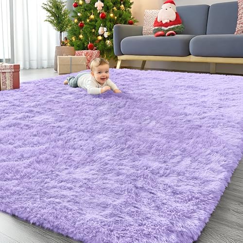 OLANLY 9x12 Machine Washable Large Area Rugs for Living Room, Bedroom, Soft Fluffy Shaggy Bedside Rug, Indoor Floor Carpet for Kids Girls and Boys, Dorms, Nursery, Home Decor Aesthetic, Light Purple by OLANLY
