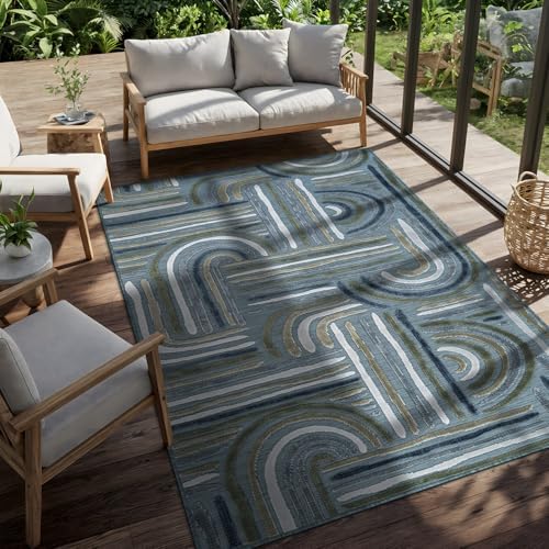 CAMILSON Indoor Outdoor Rug, Aqua 10x14 Geometric Arch Striped Large Area Rugs for Patio and Home Areas, Easy-Cleaning Non-Shedding Living Room, Garden and Deck Washable Outside Carpet (10 x 14) - Image 3