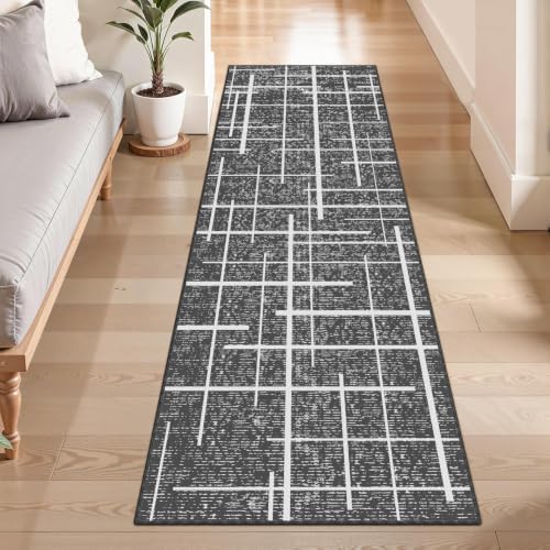 Gray 2x6 Runner Rug Non Slip, Modern Distressed Stripe Carpet Runners for Hallway 6ft, Low Pile Stain Resistant for Entryway Laundry, Washable & Easy to Clean Carpet by TTelephant