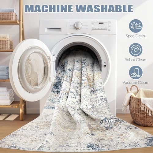 DMOYEST Square Area Rug Living Room Rugs - 8x8 Washable Large Soft Indoor Neutral Modern Abstract Low Pile Rug Carpet for Bedroom Dining Room Farmhouse Home Office - Beige Blue - Image 6