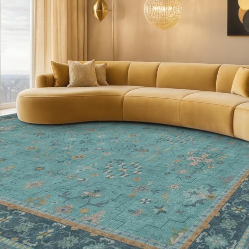 Washable 10x12 Large Teal Teal Boho Living Room Rug - Soft Floral Area Rugs for Bedroom Under Bed, Dining Room Under Table Non Slip, Low Pile & Stain Resistant Carpet by HazoHaus
