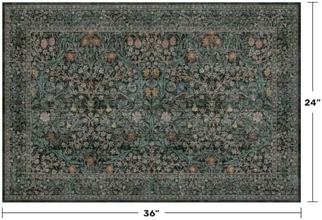 Dark Green Washable Entry Rug - Front Door Throw Rugs Indoor, Non-Slip Bathroom Small Rugs, Vintage Floral Thin Rug for Kitchen, Boho Entryway Décor (2x3 Dark Green) - Image 2