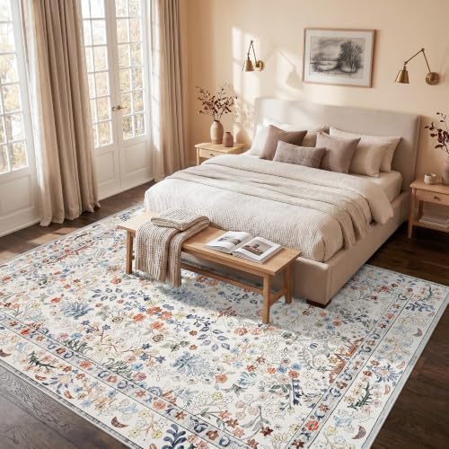 Area Rugs 8x10 Washable Non-Slip: Floral Vintage Rug for Living Room Beige - Image 3