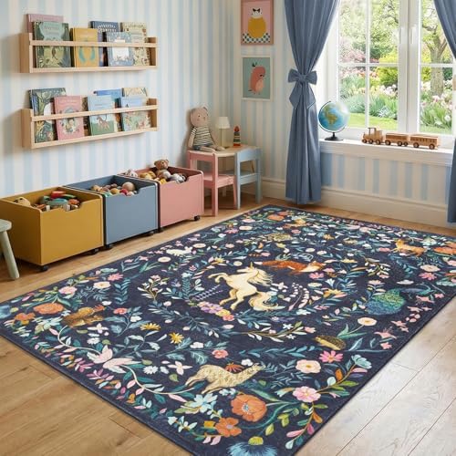 jinchan 6x9 Kids Rug Washable Unicorn Rug Playroom Nursery Mat, Navy Blue - Image 3