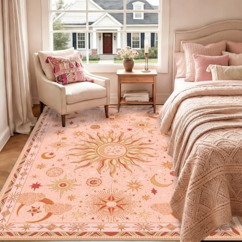 Vacuum-Friendly, 6x9 Washable Area Rug, Pink Gold Beige Red - Image 2