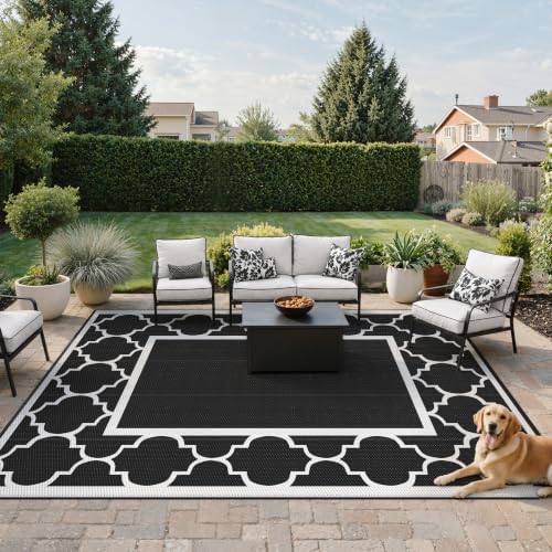 GENIMO Outdoor Rug, Waterproof Plastic Rugs for Patio, 9'x12' Black White - Image 2