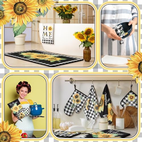 Fourluoo 10 Pcs Sunflower Kitchen Decor Set Black Buffalo Plaid - Image 4
