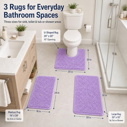 RUN HELIX Chenille Bathroom Rugs - 3 Piece Bath Mats, Non-Slip Luxury Bathroom Runner Rugs, Extra Soft and Absorbent Shaggy Rugs, Washable Dry Plush - Image 2