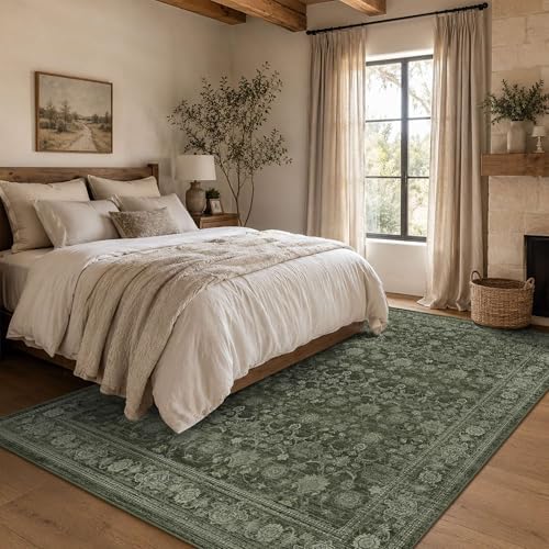 5x7 Washable Boho Area Rug, Non-Slip Green Bedroom Nursery Carpet - Image 3