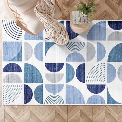 MUJOO 3x5 Rug Washable,Blue Boho Area Rugs Small Non Slip Modern Abstract - Image 3