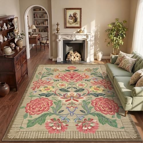 GarveeHome Floral Botanical Washable Rugs 5x7 Area Rug for Living Room, Camel Taupe Brown Vintage Boho Cottage Throw Rugs Low Pile Carpet for Bedroom Dining Nursery Rug by GarveeHome