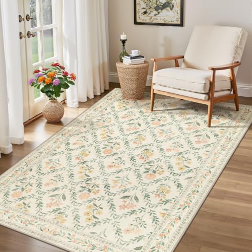 PLHXFR Area Rug Living Room: 3x5 Floral Washable Boho Carpet Beige Multi - Image 4