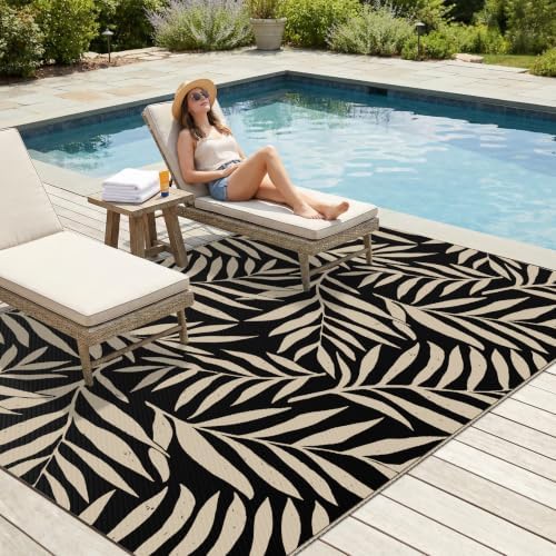 Smiry Outdoor Rug 5x8 ft Waterproof Reversible Leaf Mat, Black & Beige - Image 3