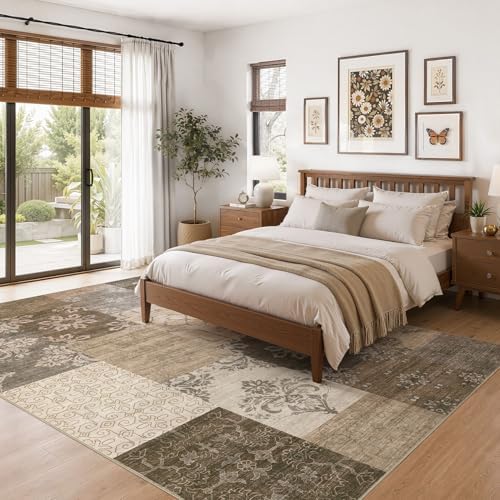 UERMEI 9x12 Area Rug for Living Room, Washable Brown Modern Geometric Patchwork Non Slip Stain Resistant Low Pile Foldable Carpet for Bedroom Dining Farmhouse Home Office - Image 3