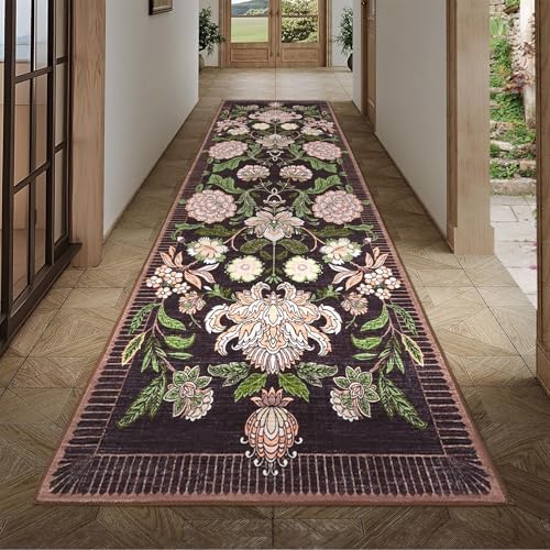 GarveeHome Plum Pink Floral Botanical 2x6 Washable Kitchen Runner Rugs Non Slip Black Purple Vintage Boho Cottage Long Rug for Hallways Bedroom Entryway Bathroom Mat with Rubber Back - Image 4