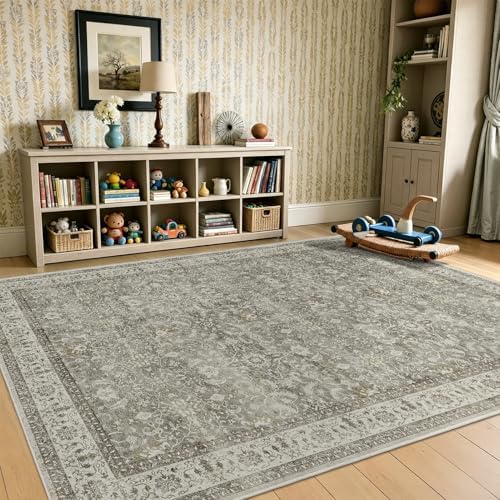 Neutral Gray Large Area Rugs 9x12 Living Room, Washable Non Slip Low Pile Big Carpet for Bedroom Dining Room, Modern Faromhouse French Print Decorative Rug for Family Room, Gray/Beige/Olive - Image 5