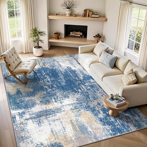 5x7 Rugs for Living Room - Modern Abstract Washable Rug, Ultra Soft Non Slip Low Pile Large Rugs, Floor Carpet for Bedroom Dining Room Office Laundry Nursery Home(Blue & Beige) by Yarooge