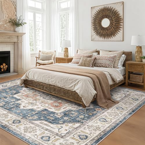 8x8 Square Area Rug: Washable Vintage Blue Area Rug for Living Room - Image 2