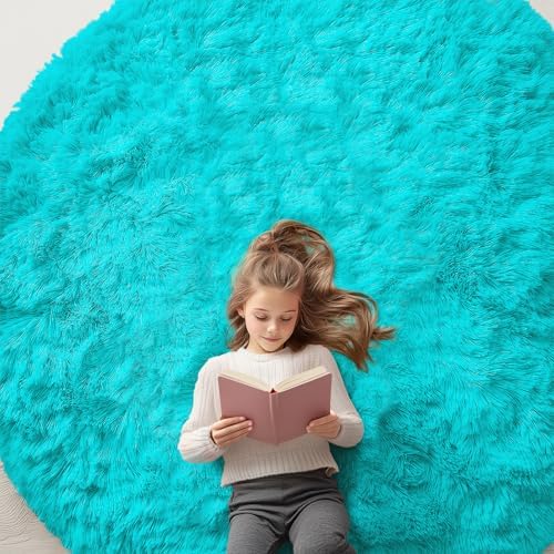 OLANLY Teal Blue Round Rugs for Bedroom - Machine Washable, 7 ft Circle Area Rugs for Living Room, Soft and Fluffy Shaggy Carpet for Teen Girls and Boys, Nursery Rooms, Dorms, Home Decor Aesthetic by OLANLY