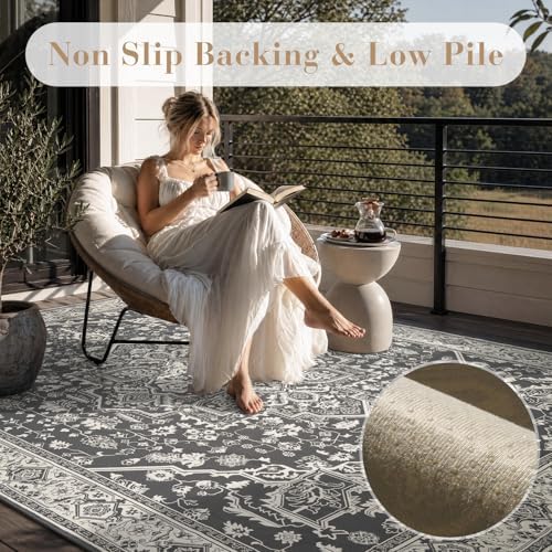AMOAMI-Outdoor Rug-Patio Rug 8x10 ft Quick Dry Flatweave Textured Machine Washable Outdoor Carpet with Rubber Backing Vintage Outdoor Area Rug for Patio Deck Front Porch Balcony Greyish Black - Image 2