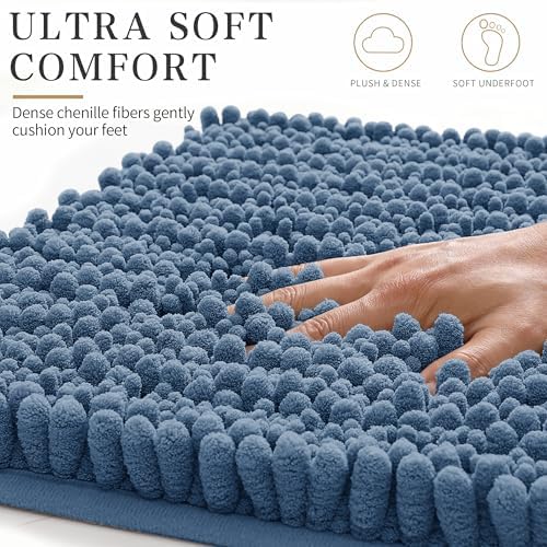 Yimobra Bathroom Rugs Non Slip Washable - Ultra Soft Absorbent Chenille Bath Mat, Quick Dry Shaggy Floor Carpet for Tub Shower, Denim Blue Home Decor Accessories, 24x17 Inch - Image 4