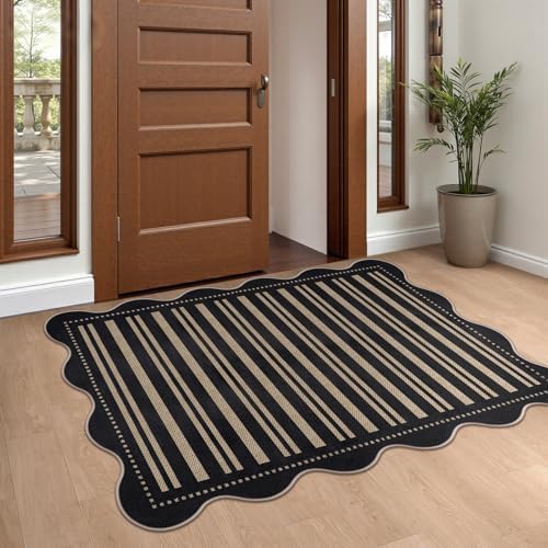 Striped Easy Jute Front Door Mat, 2.6x4 Washable Entryway Rug Non Slip Small Kitchen Rug, Farmhouse Low Pile Floor Scalloped Rugs for Bathroom Porch Doorway - Image 3