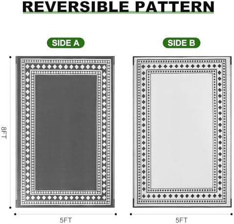 RURALITY Outdoor Rugs 5x8 Waterproof for Patios Clearance,Plastic Straw Mats for Backyard,Porch,Deck,Balcony,Grey and White - Image 2