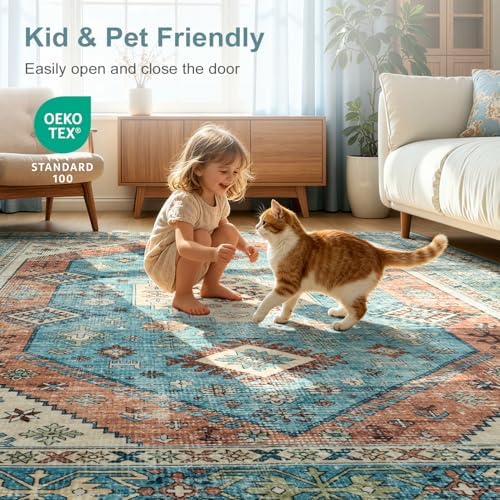 Lofus Living Room Rugs 8x10, Boho Terracotta and Blue Washable Carpet - Image 5