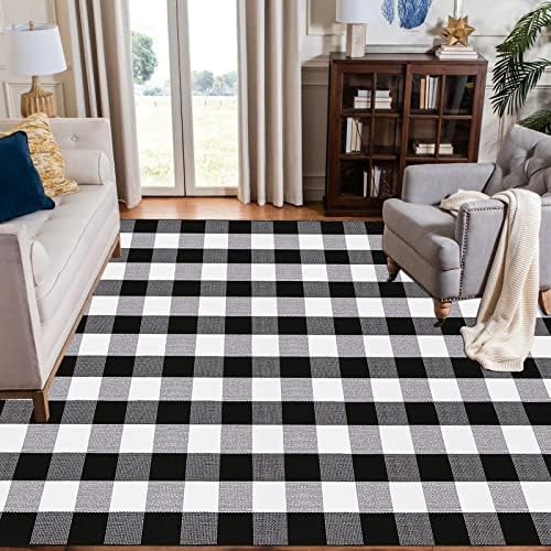 Bottalive Buffalo Plaid Outdoor Rug, 4' x 6' Black and White Check Indoor/Outdoor Area Rugs, Layering Rug for Hello/Welcome Door Mat, Washable Cotton Woven Farmhouse Mat for Fall Front Porch Décor - Image 4